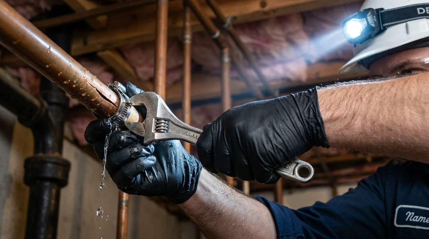 Emergency pipe clamp repair being performed by a Johns Plumbing LLC plumber in Harlingen