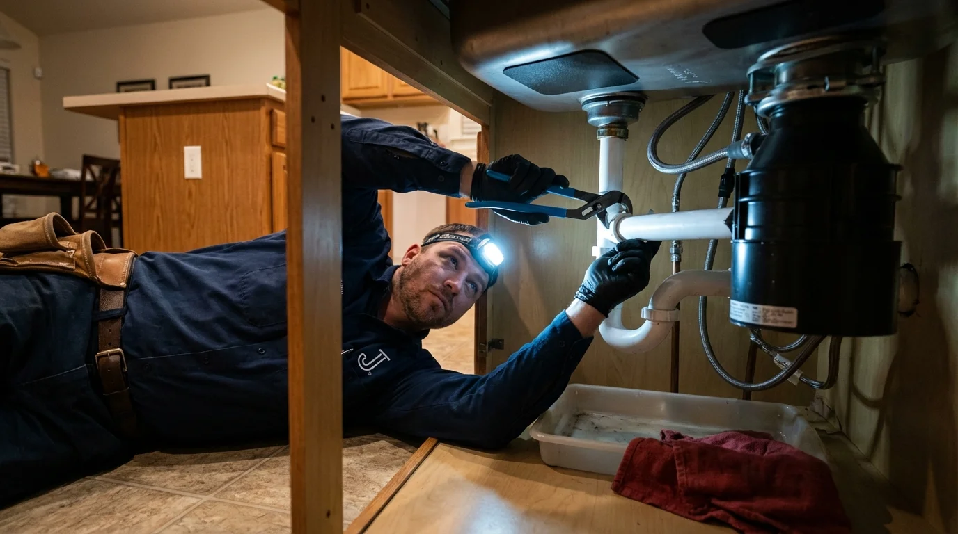 P-trap and supply line connections under a kitchen sink showing a common leak point in Harlingen, TX